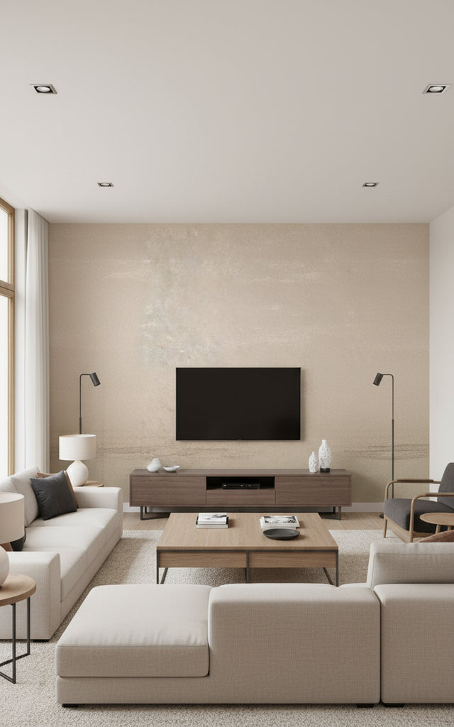 Weathered Metals - Silvery White | Maya Romanoff - Living Room Visualization (AI-generated, may not be to scale. Verify pattern scale with product specifications.)