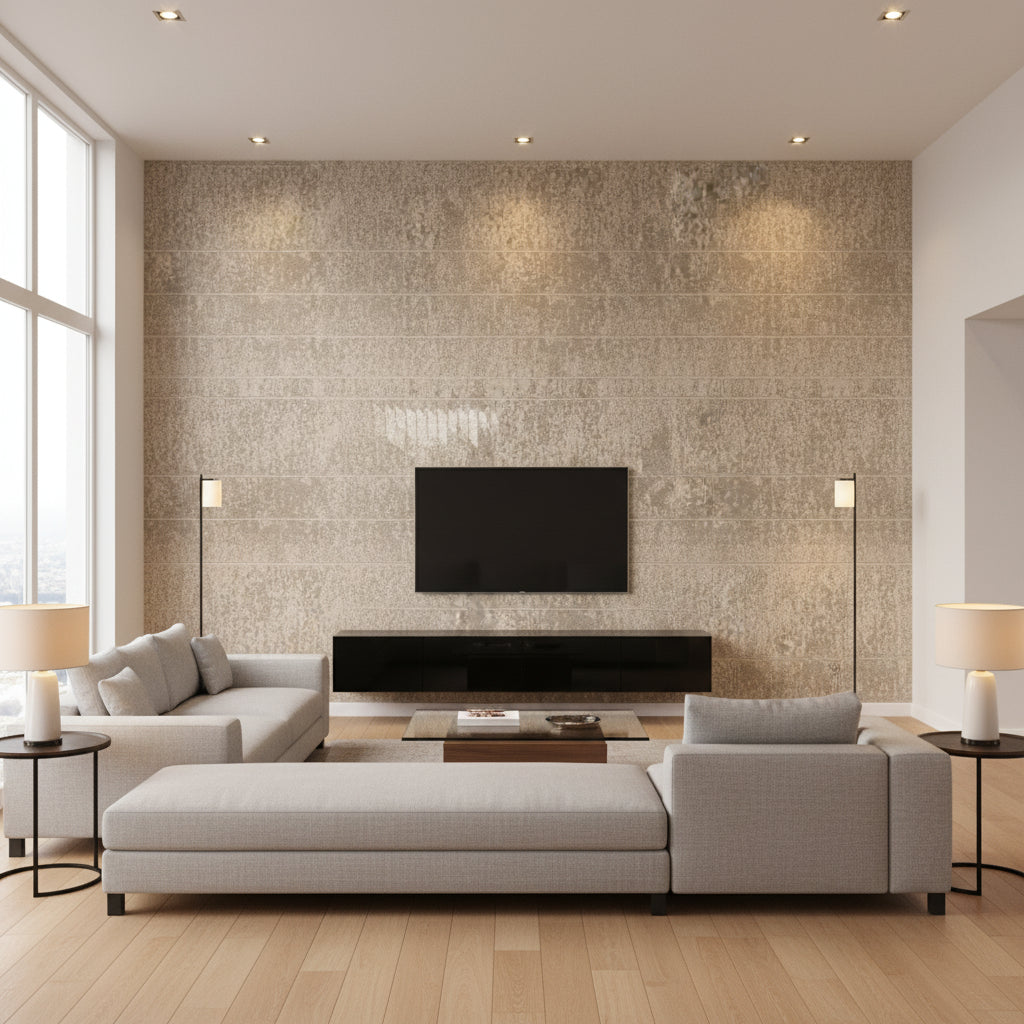 Zen Garden - Ishi Greige | Maya Romanoff - Living Room Visualization (AI-generated, may not be to scale. Verify pattern scale with product specifications.)