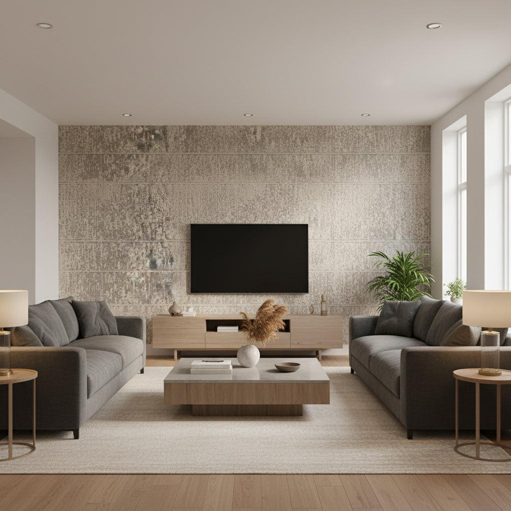 Zen Garden - Shakkei Grey | Maya Romanoff - Living Room Visualization (AI-generated, may not be to scale. Verify pattern scale with product specifications.)
