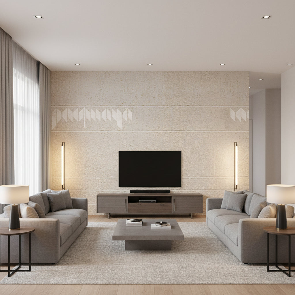 Zen Garden - Koishi Cream | Maya Romanoff - Living Room Visualization (AI-generated, may not be to scale. Verify pattern scale with product specifications.)