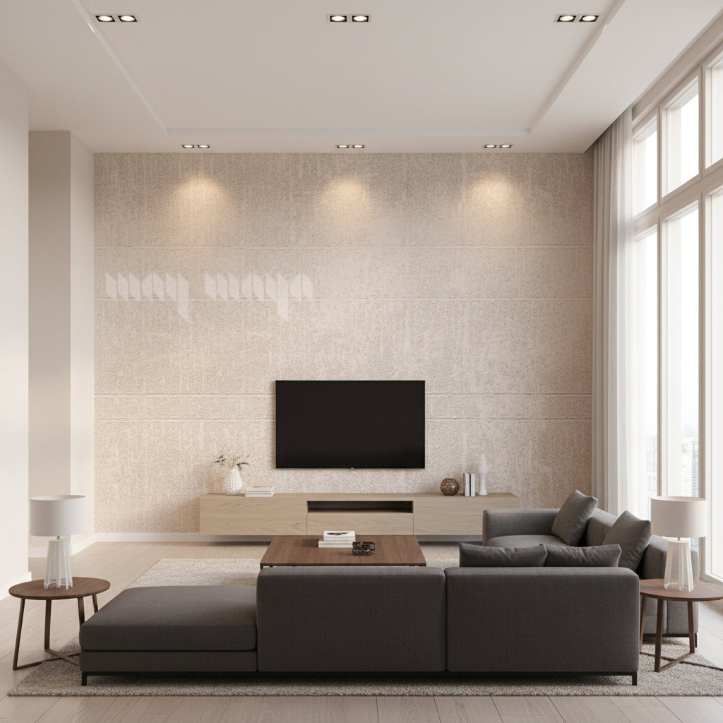 Zen Garden - Suna White | Maya Romanoff - Living Room Visualization (AI-generated, may not be to scale. Verify pattern scale with product specifications.)
