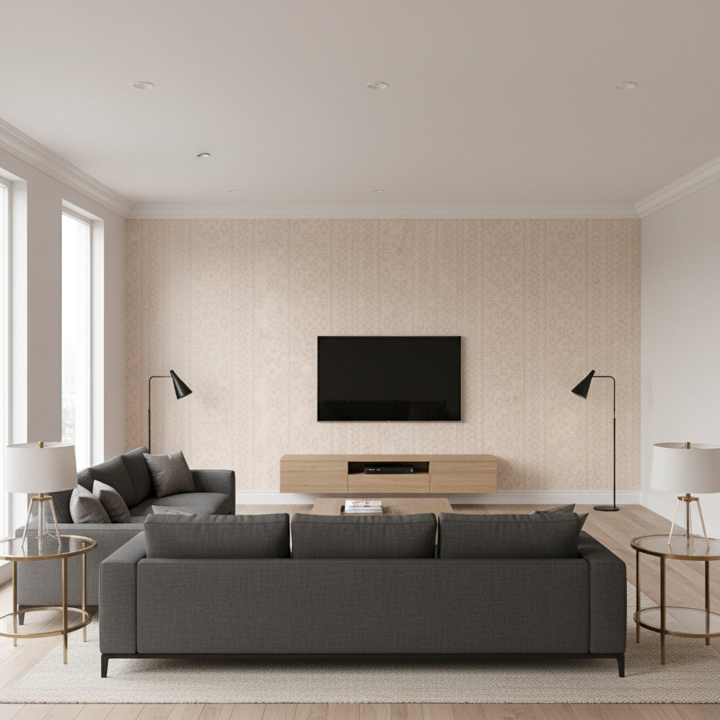 Kasbah beige | Romo - Living Room Visualization (AI-generated, may not be to scale. Verify pattern scale with product specifications.)