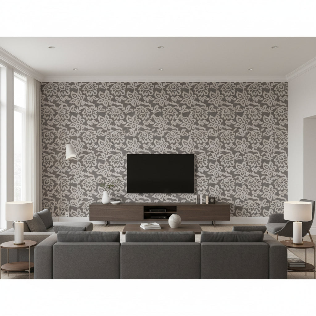 Elysian Steeple Grey | Romo - Living Room Visualization (AI-generated, may not be to scale. Verify pattern scale with product specifications.)