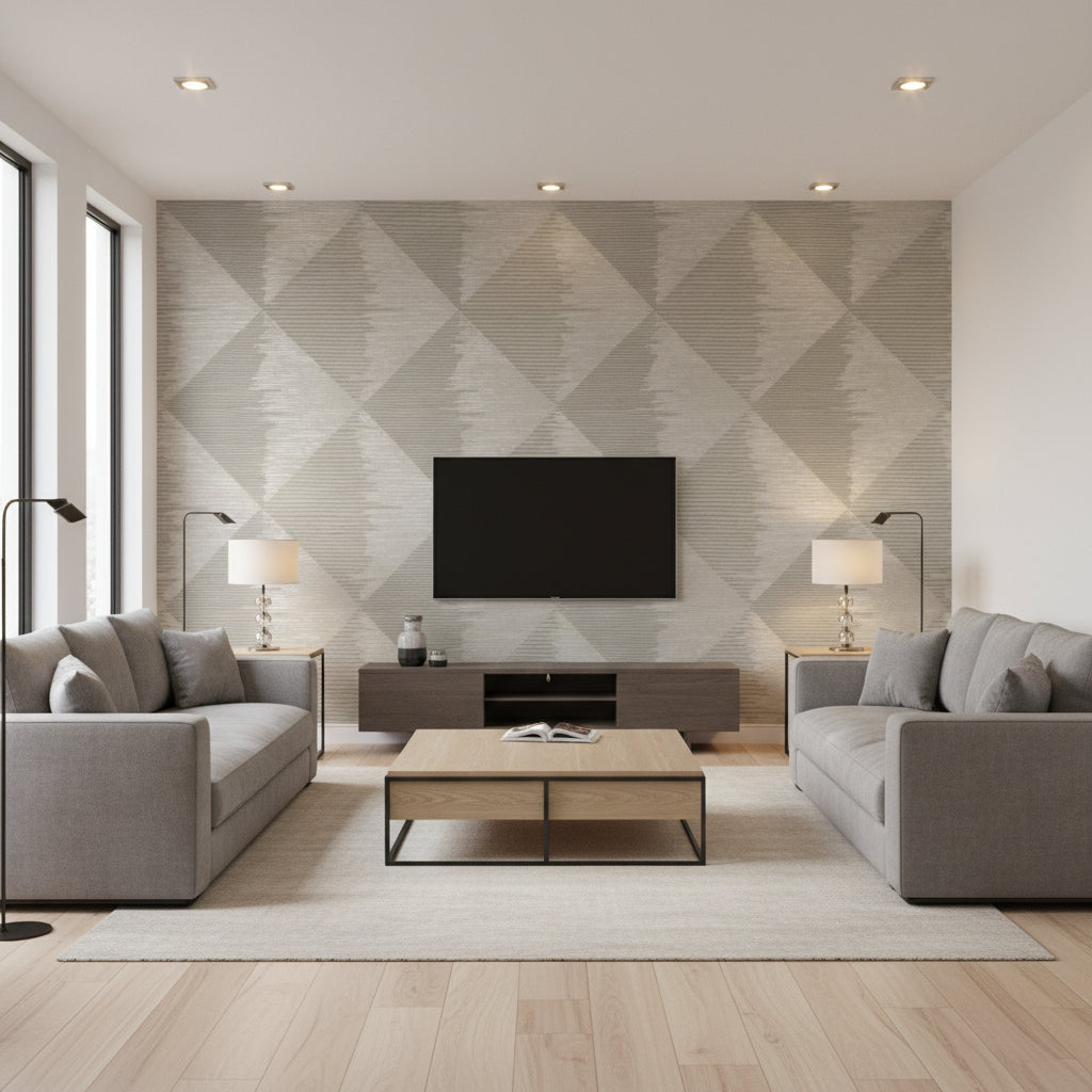 Kassite s Pumice | Romo - Living Room Visualization (AI-generated, may not be to scale. Verify pattern scale with product specifications.)