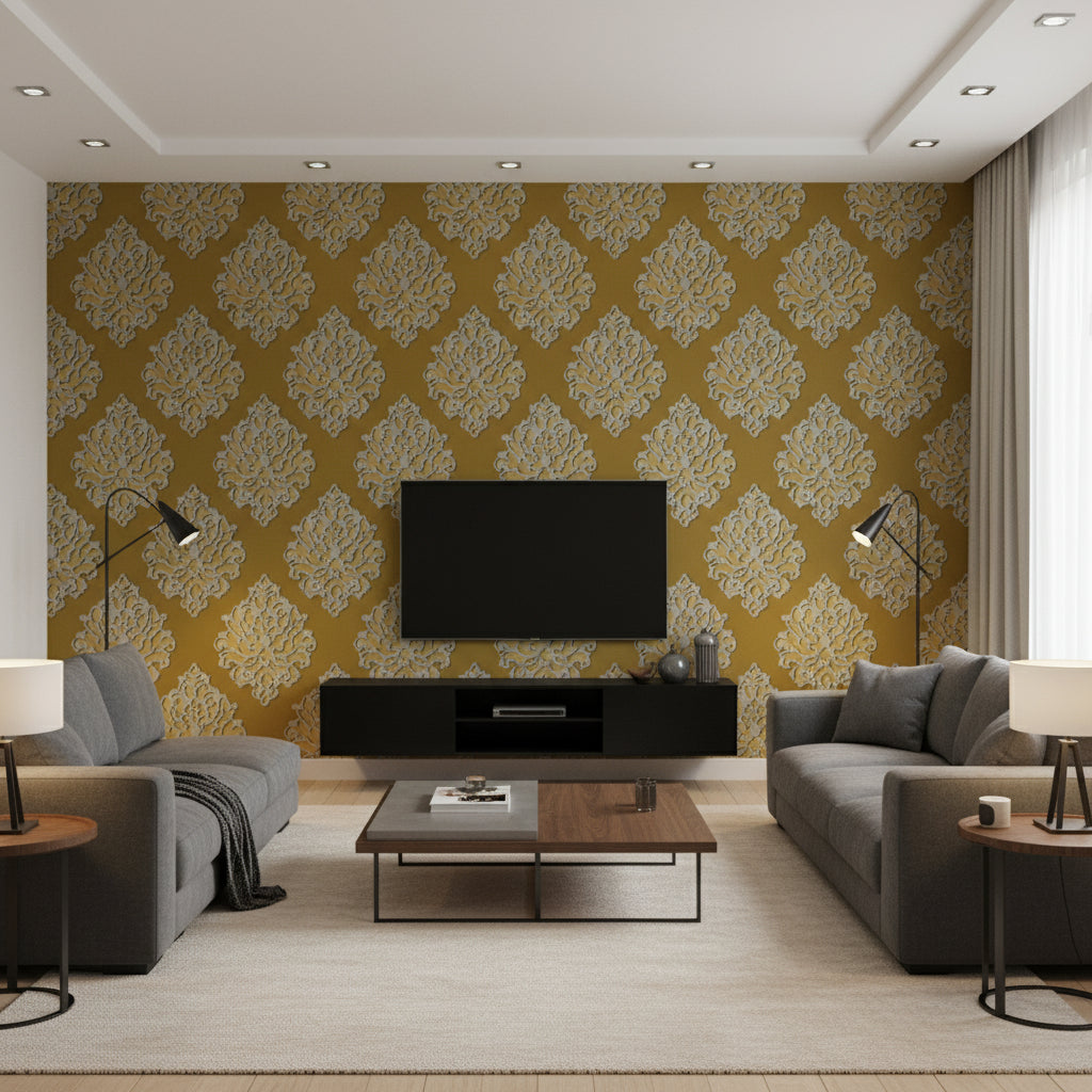 Castelli Ochre | Romo - Living Room Visualization (AI-generated, may not be to scale. Verify pattern scale with product specifications.)