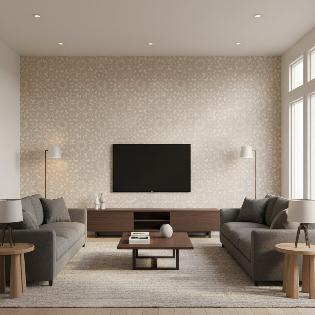 Merletto Indium | Romo - Living Room Visualization (AI-generated, may not be to scale. Verify pattern scale with product specifications.)