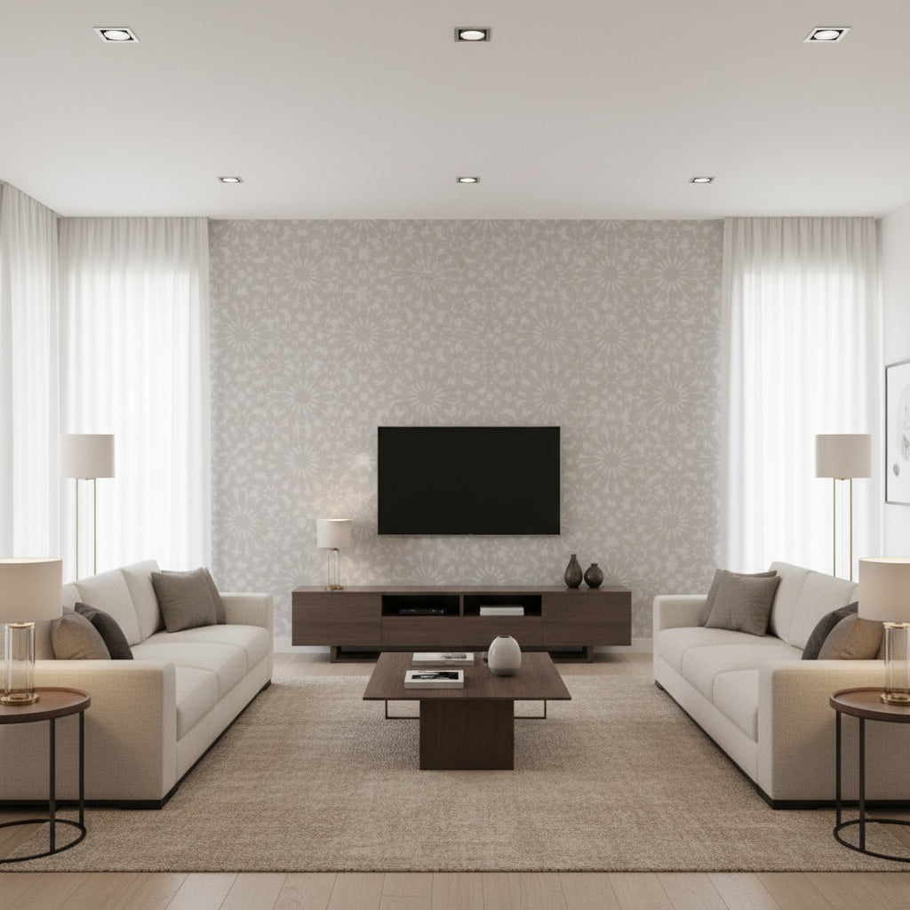 Merletto Silver | Romo - Living Room Visualization (AI-generated, may not be to scale. Verify pattern scale with product specifications.)
