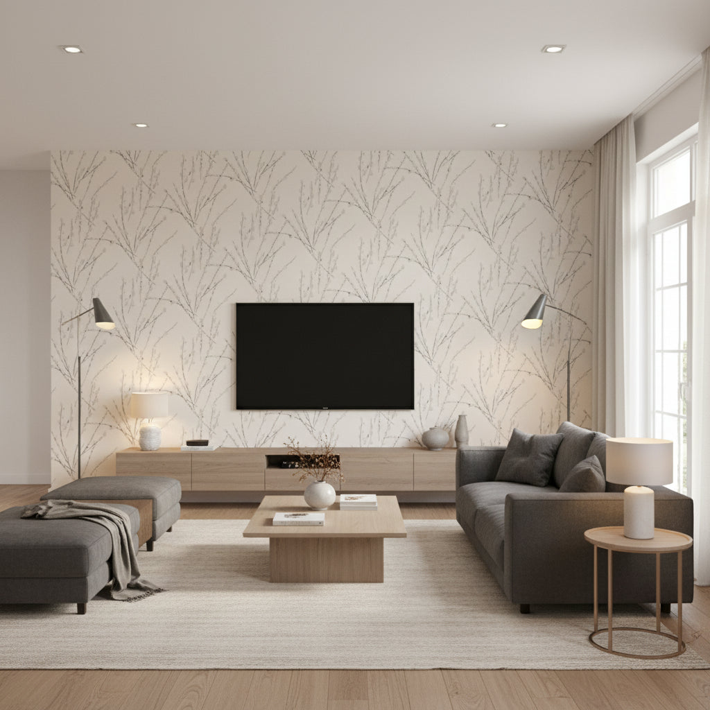 Mikado Ivory | Romo - Living Room Visualization (AI-generated, may not be to scale. Verify pattern scale with product specifications.)