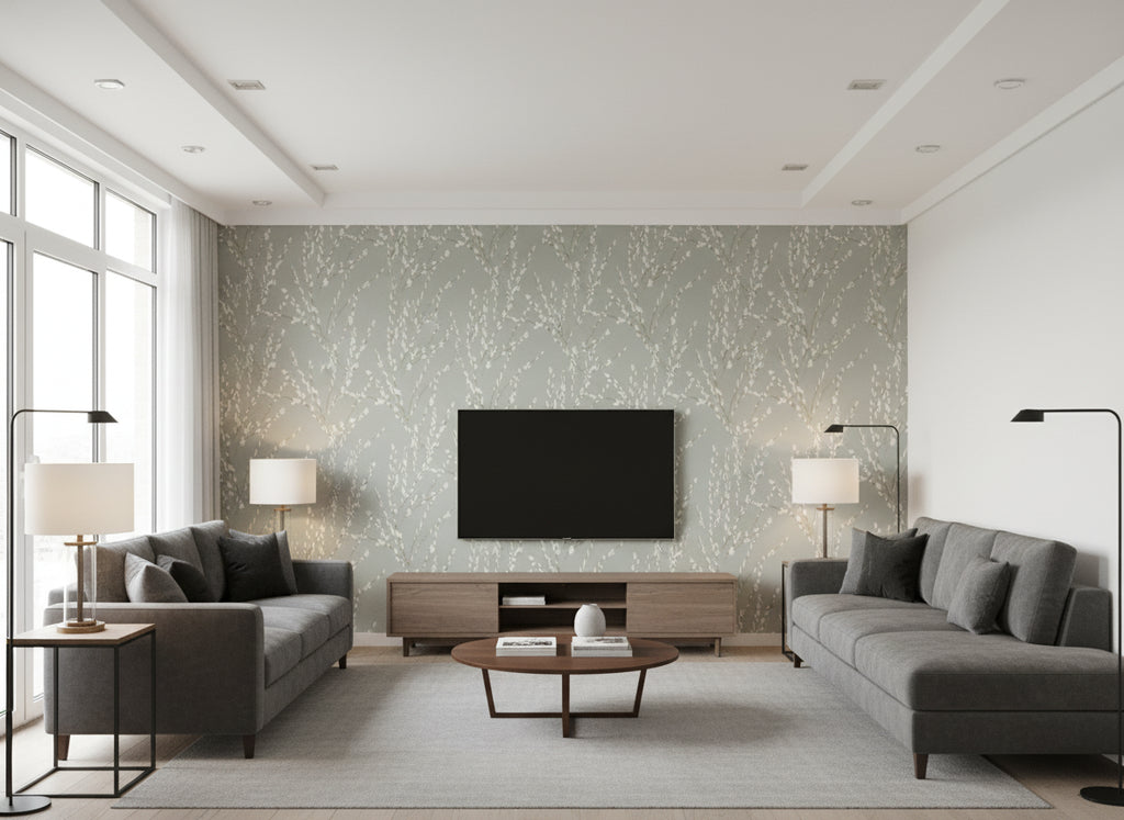 Mikado Fog | Romo - Living Room Visualization (AI-generated, may not be to scale. Verify pattern scale with product specifications.)
