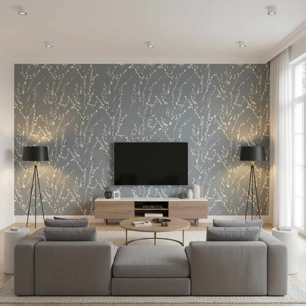Mikado Storm | Romo - Living Room Visualization (AI-generated, may not be to scale. Verify pattern scale with product specifications.)