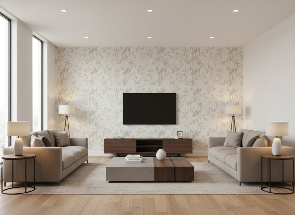 Sefina Silver Blue | Romo - Living Room Visualization (AI-generated, may not be to scale. Verify pattern scale with product specifications.)