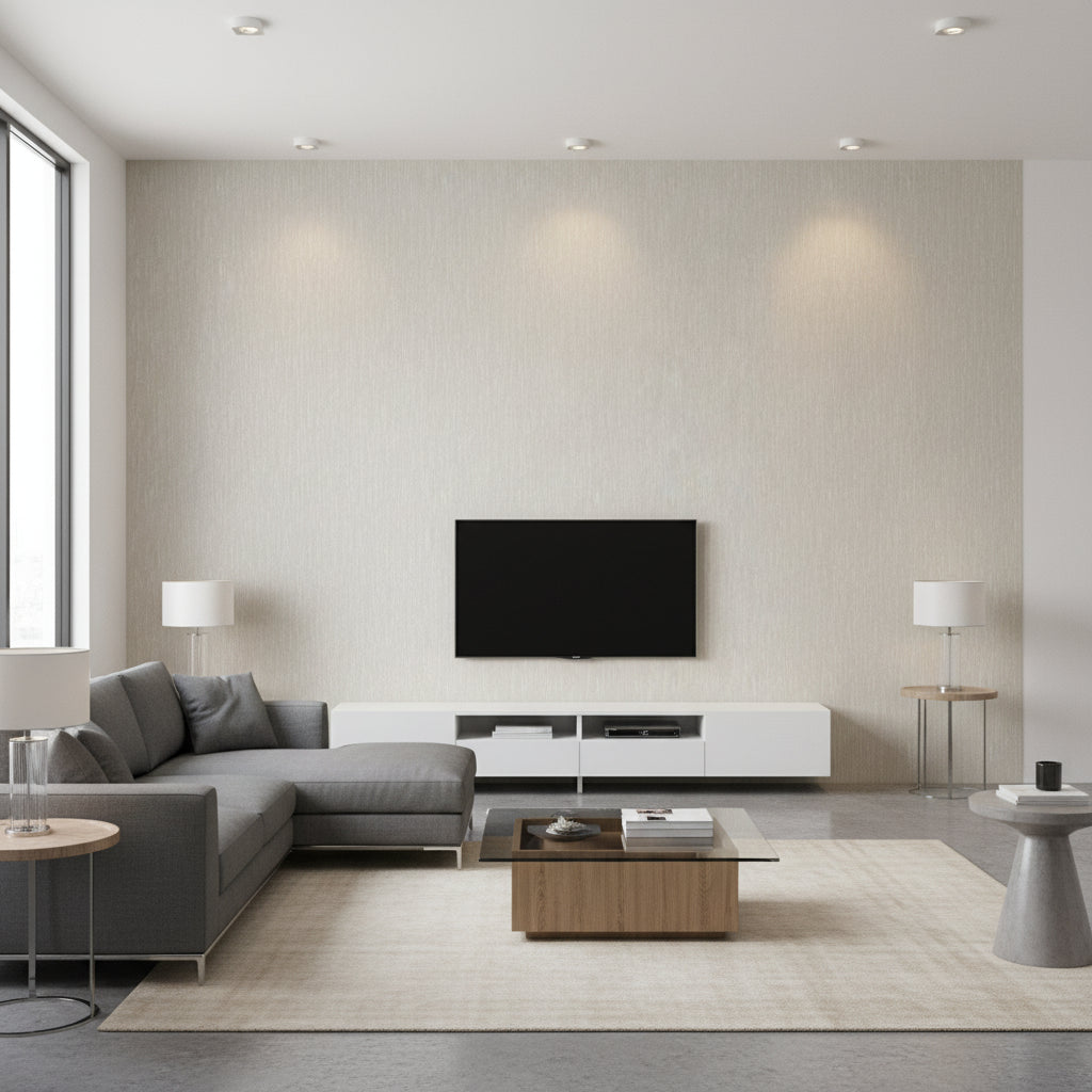 Striato Mirin | Romo - Living Room Visualization (AI-generated, may not be to scale. Verify pattern scale with product specifications.)