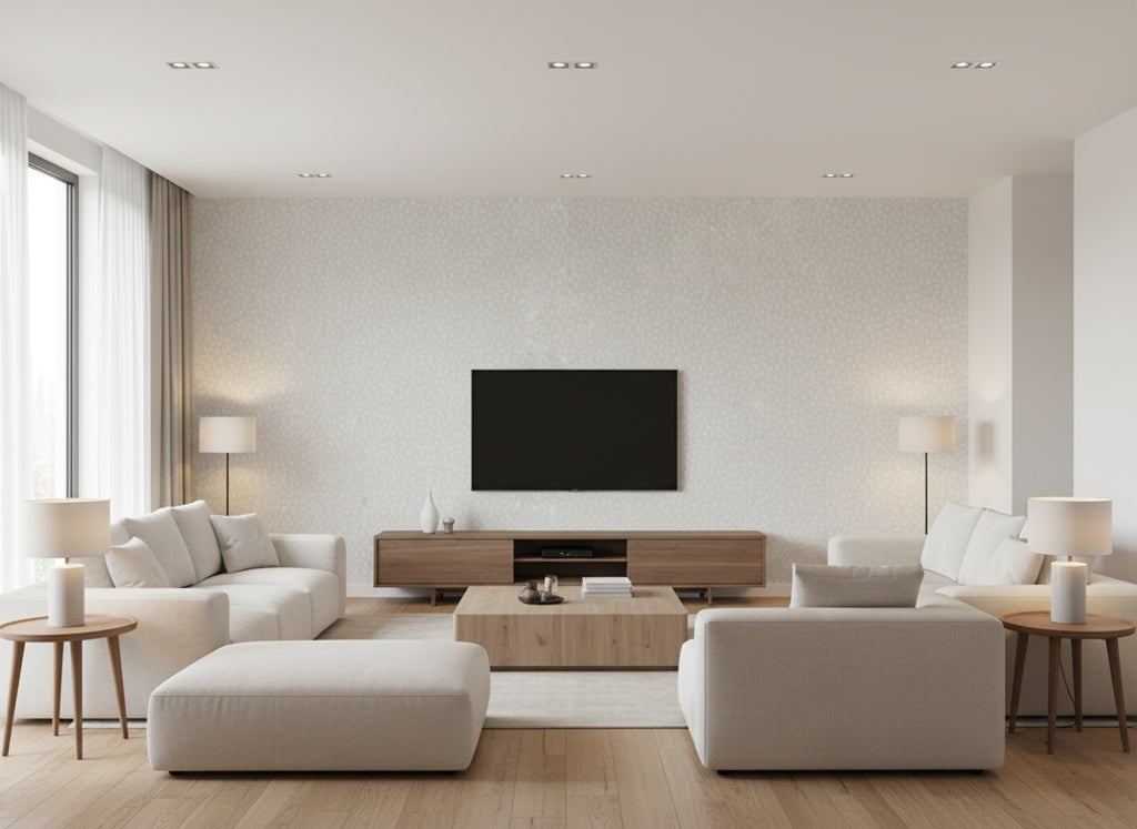 Nika Eau de ivory | Romo - Living Room Visualization (AI-generated, may not be to scale. Verify pattern scale with product specifications.)