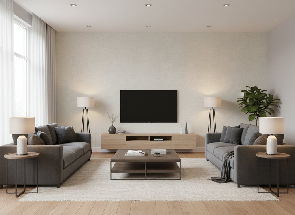 Edie Fog | Romo - Living Room Visualization (AI-generated, may not be to scale. Verify pattern scale with product specifications.)