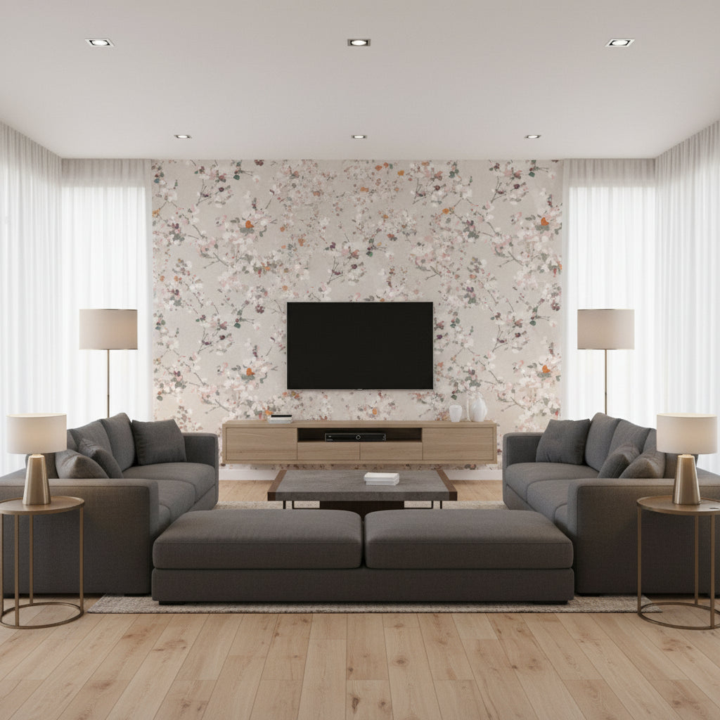 Floris Wallcovering Spring Rose Rose | Romo - Living Room Visualization (AI-generated, may not be to scale. Verify pattern scale with product specifications.)