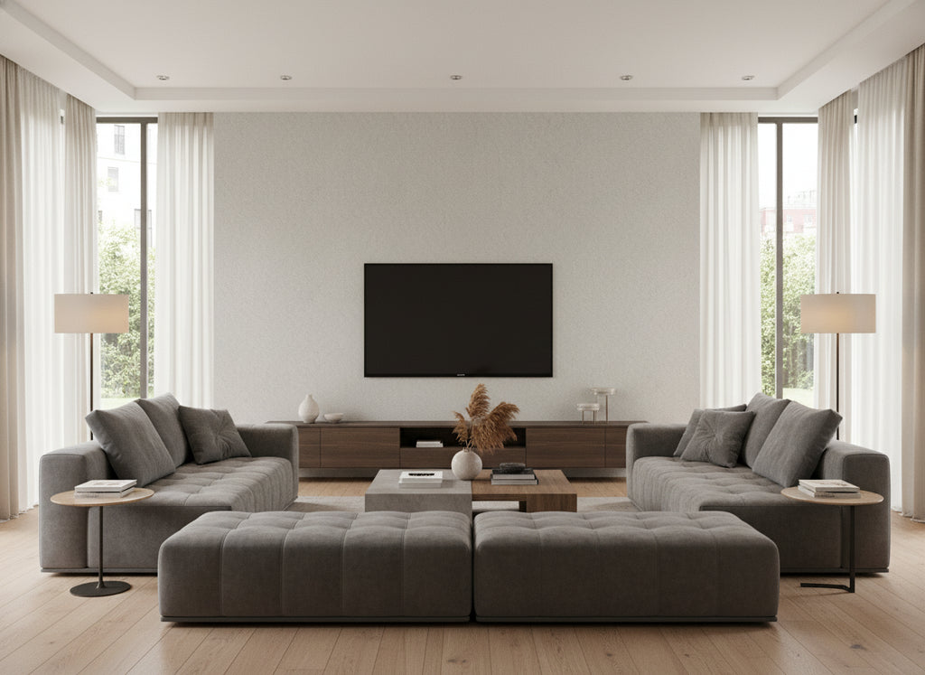 Mitzi Eau de Nil | Romo - Living Room Visualization (AI-generated, may not be to scale. Verify pattern scale with product specifications.)