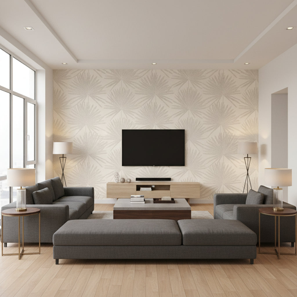Pacaya ivory | Romo - Living Room Visualization (AI-generated, may not be to scale. Verify pattern scale with product specifications.)