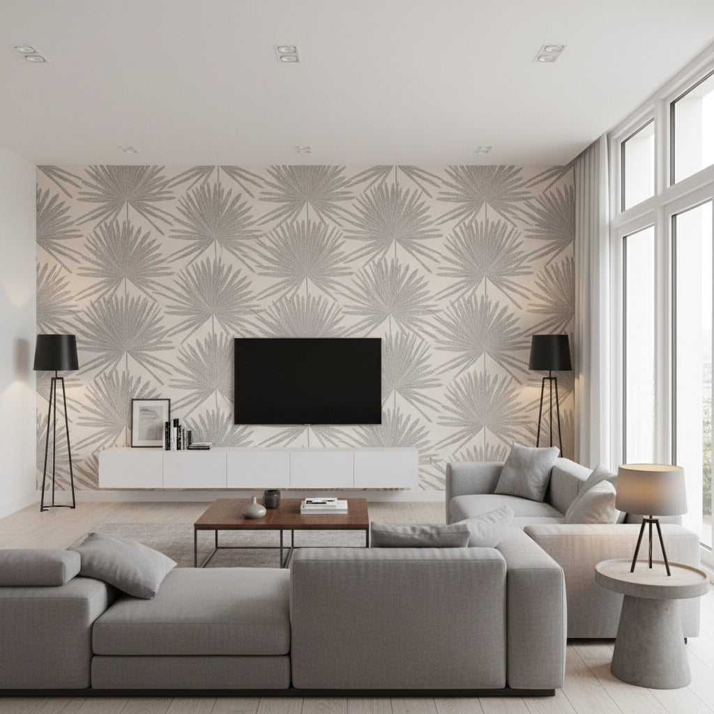 Pacaya Silver Birch | Romo - Living Room Visualization (AI-generated, may not be to scale. Verify pattern scale with product specifications.)
