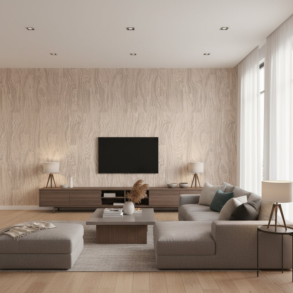 Otishi Rose beige | Romo - Living Room Visualization (AI-generated, may not be to scale. Verify pattern scale with product specifications.)