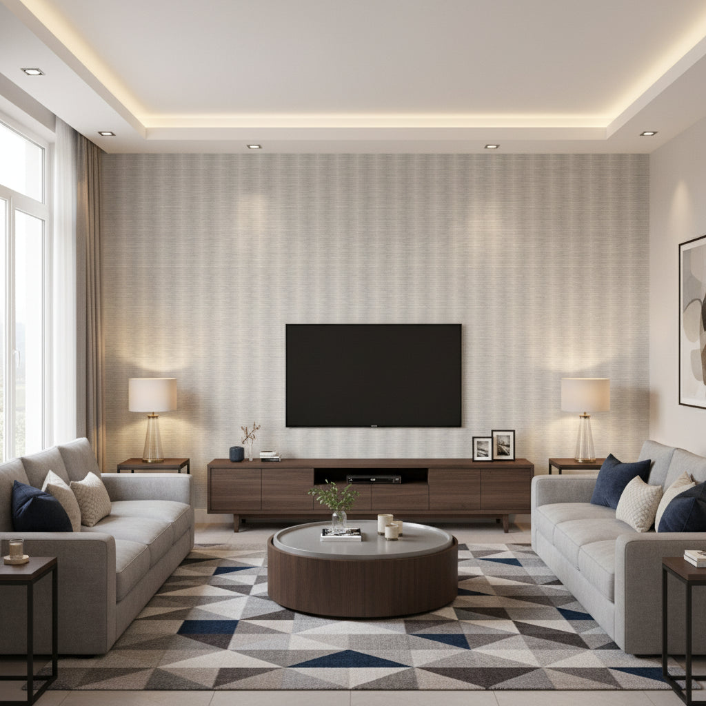 Kutai Swedish Grey | Romo - Living Room Visualization (AI-generated, may not be to scale. Verify pattern scale with product specifications.)