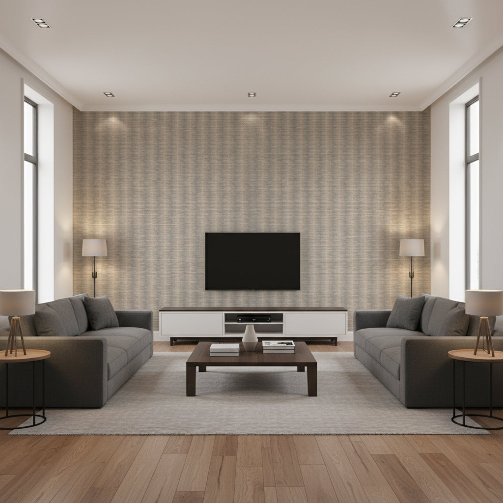 Kutai Vintage Bronze | Romo - Living Room Visualization (AI-generated, may not be to scale. Verify pattern scale with product specifications.)