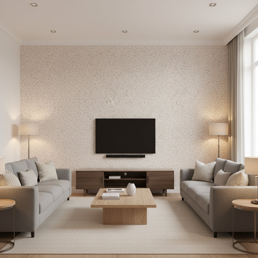 Sapo Rose beige | Romo - Living Room Visualization (AI-generated, may not be to scale. Verify pattern scale with product specifications.)