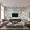 Sumba Cobalt | Romo - Living Room Visualization (AI-generated, may not be to scale. Verify pattern scale with product specifications.)