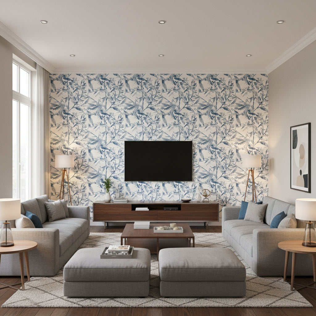 Sumba Cobalt | Romo - Living Room Visualization (AI-generated, may not be to scale. Verify pattern scale with product specifications.)