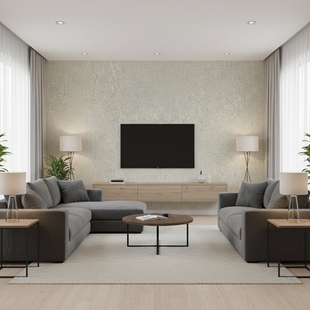 Lyra Kelp | Romo - Living Room Visualization (AI-generated, may not be to scale. Verify pattern scale with product specifications.)
