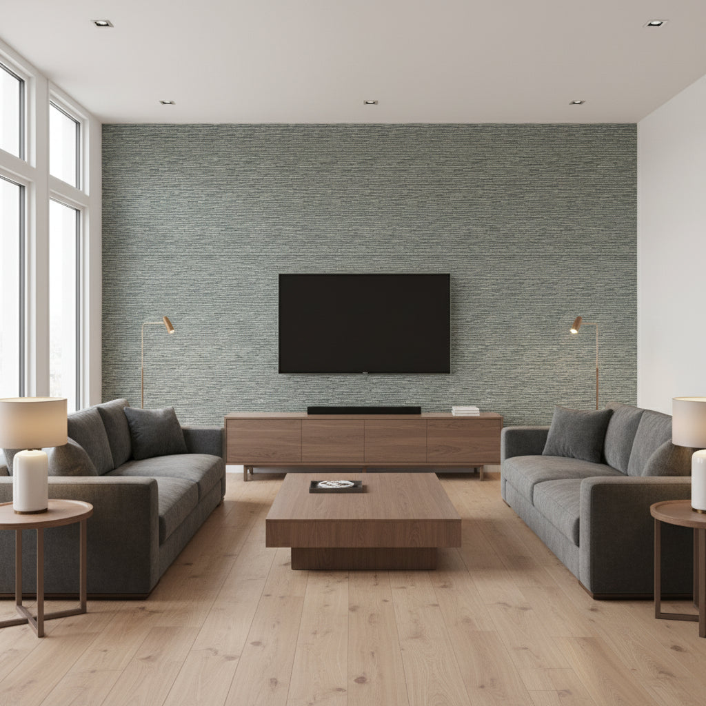 Kauri Carob | Romo - Living Room Visualization (AI-generated, may not be to scale. Verify pattern scale with product specifications.)