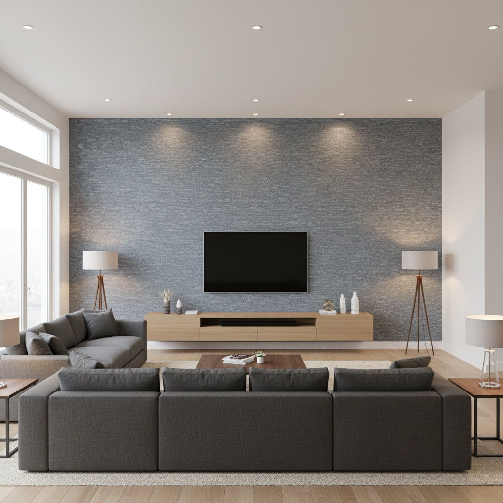 Elkin Gunmetal | Romo - Living Room Visualization (AI-generated, may not be to scale. Verify pattern scale with product specifications.)