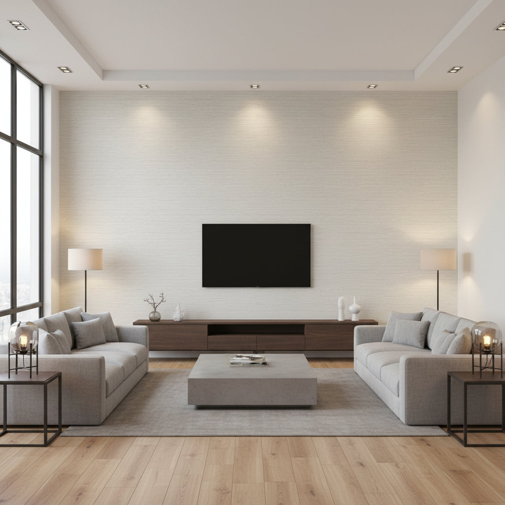 Etsu Sandstone | Romo - Living Room Visualization (AI-generated, may not be to scale. Verify pattern scale with product specifications.)