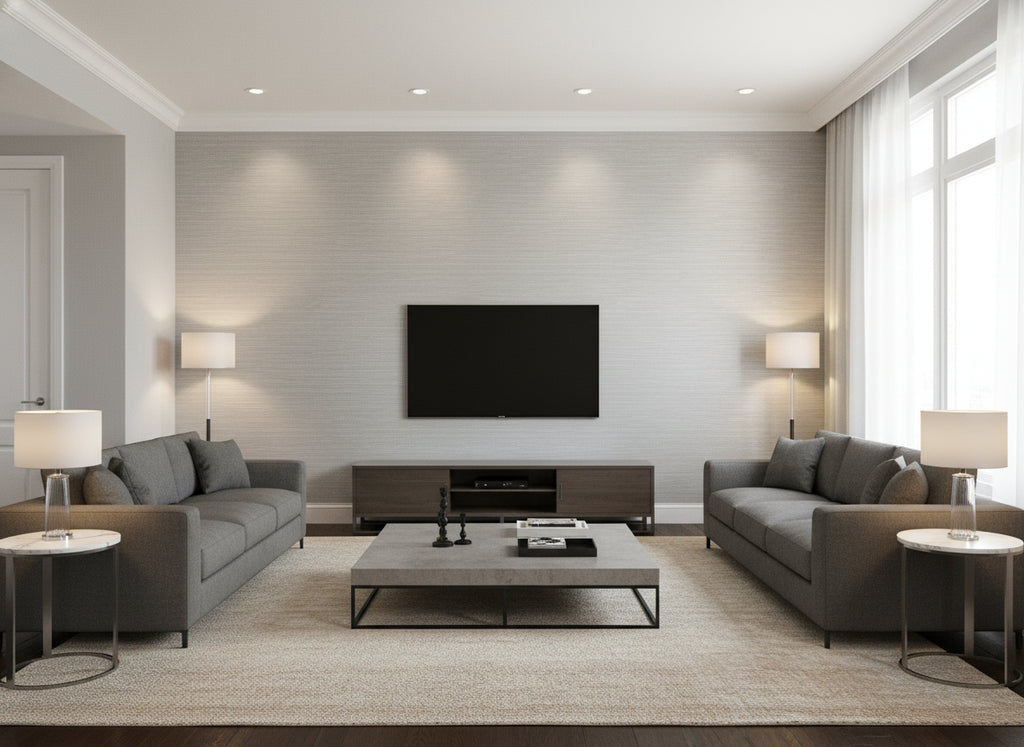 Etsu Eau de Nil | Romo - Living Room Visualization (AI-generated, may not be to scale. Verify pattern scale with product specifications.)