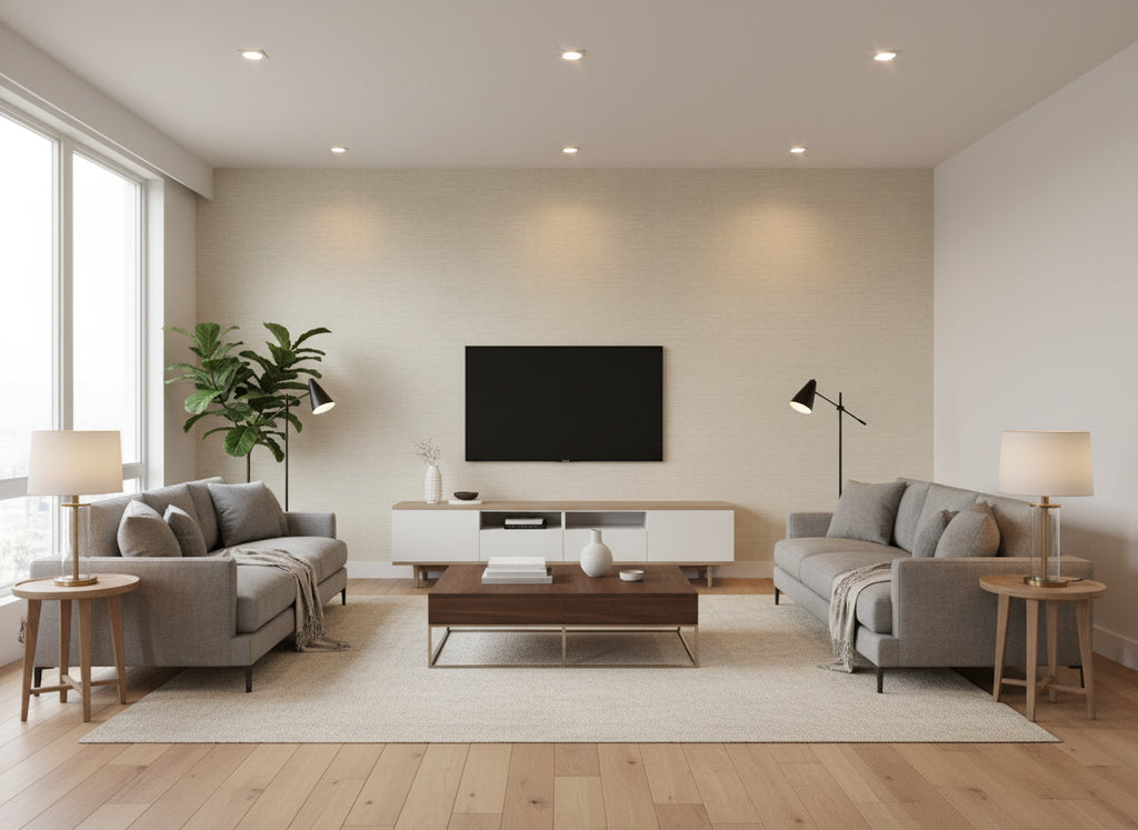 Etsu Watermint | Romo - Living Room Visualization (AI-generated, may not be to scale. Verify pattern scale with product specifications.)