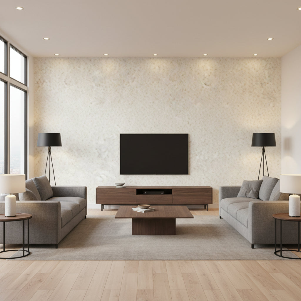 Koutu Crema | Romo - Living Room Visualization (AI-generated, may not be to scale. Verify pattern scale with product specifications.)