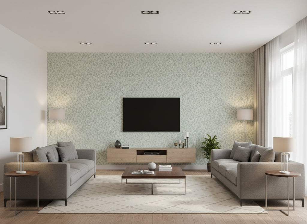 Koutu Eau de Nil | Romo - Living Room Visualization (AI-generated, may not be to scale. Verify pattern scale with product specifications.)