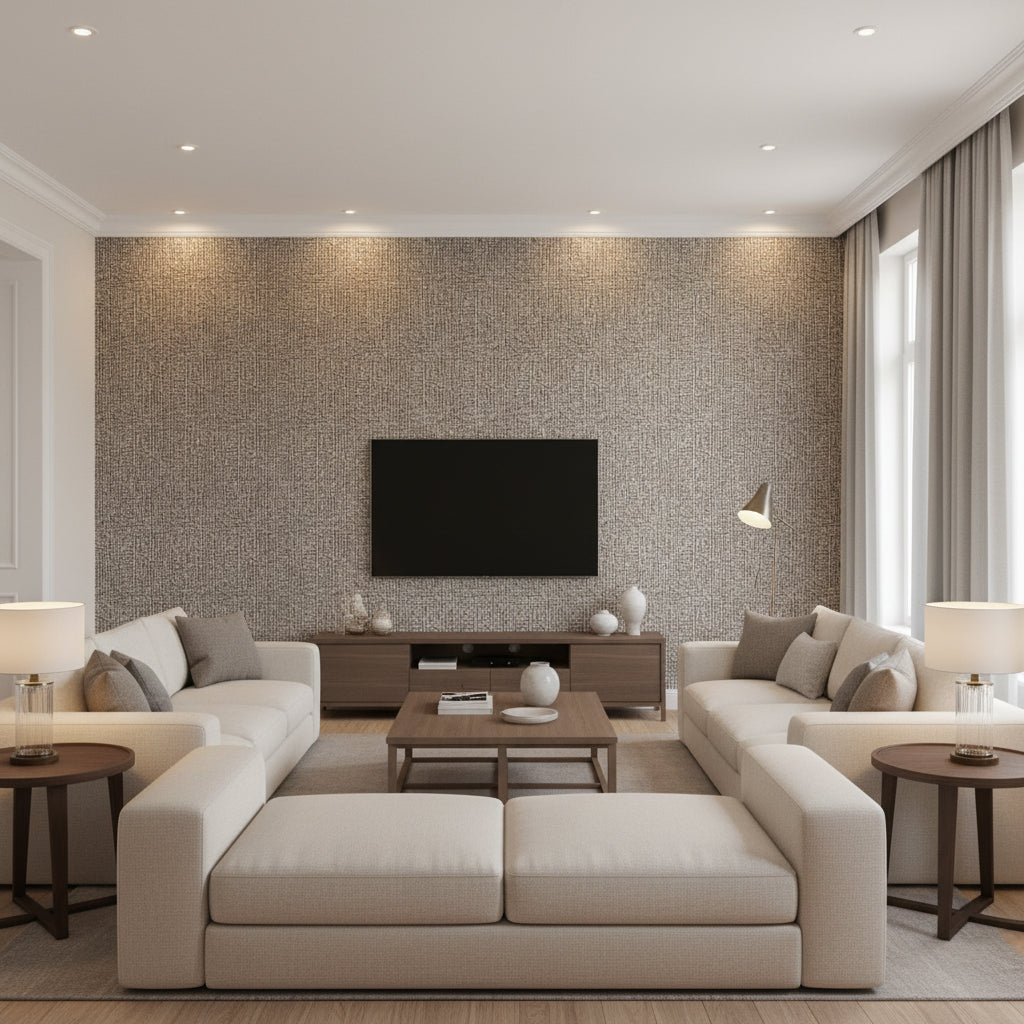 Ezri Gunmetal | Romo - Living Room Visualization (AI-generated, may not be to scale. Verify pattern scale with product specifications.)