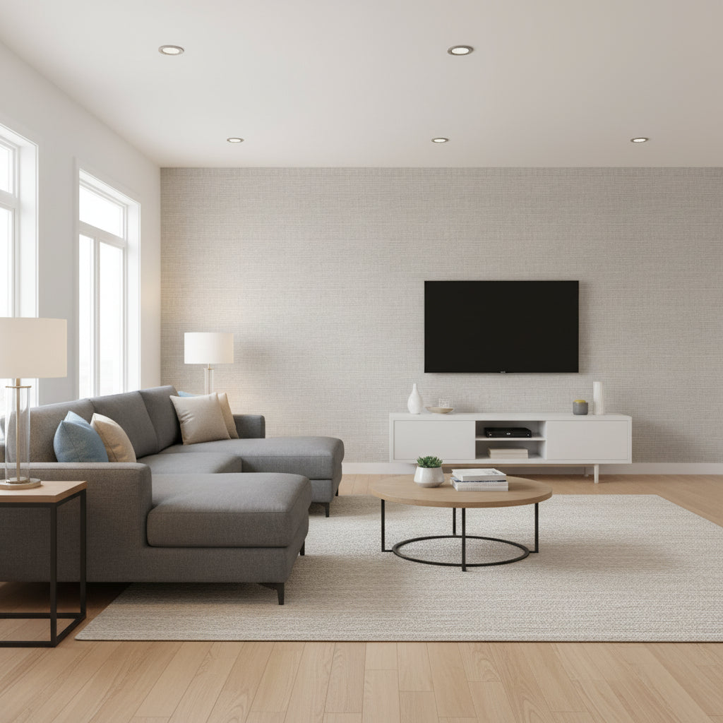 Inez Swedish Grey | Romo - Living Room Visualization (AI-generated, may not be to scale. Verify pattern scale with product specifications.)