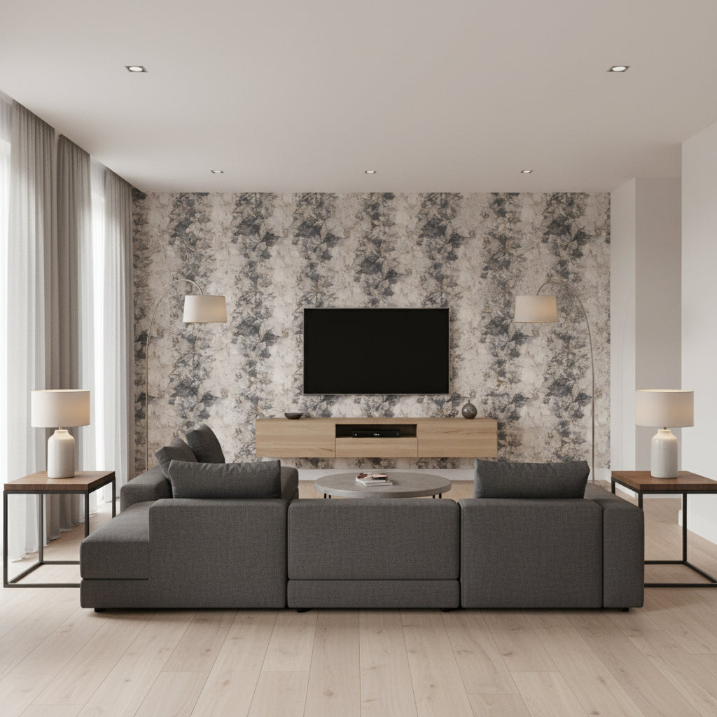 Sarita Shadow | Romo - Living Room Visualization (AI-generated, may not be to scale. Verify pattern scale with product specifications.)