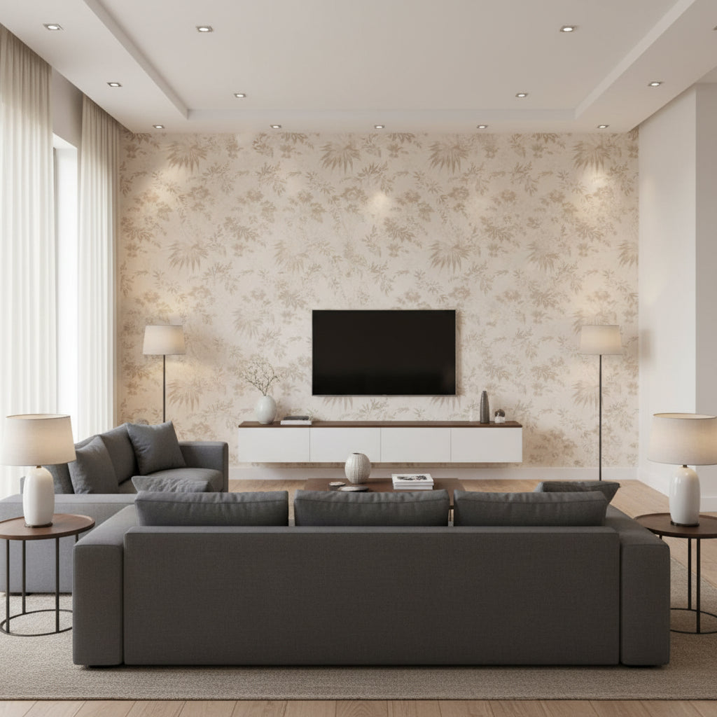 Chiya ivory | Romo - Living Room Visualization (AI-generated, may not be to scale. Verify pattern scale with product specifications.)