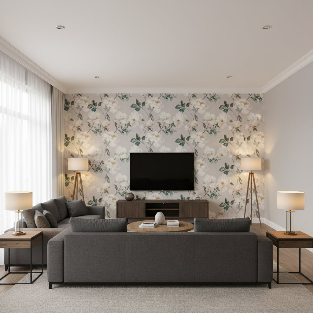Odelia Silver | Romo - Living Room Visualization (AI-generated, may not be to scale. Verify pattern scale with product specifications.)