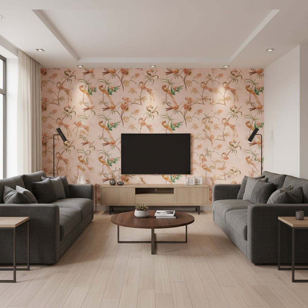 Pluma Blush | Romo - Living Room Visualization (AI-generated, may not be to scale. Verify pattern scale with product specifications.)
