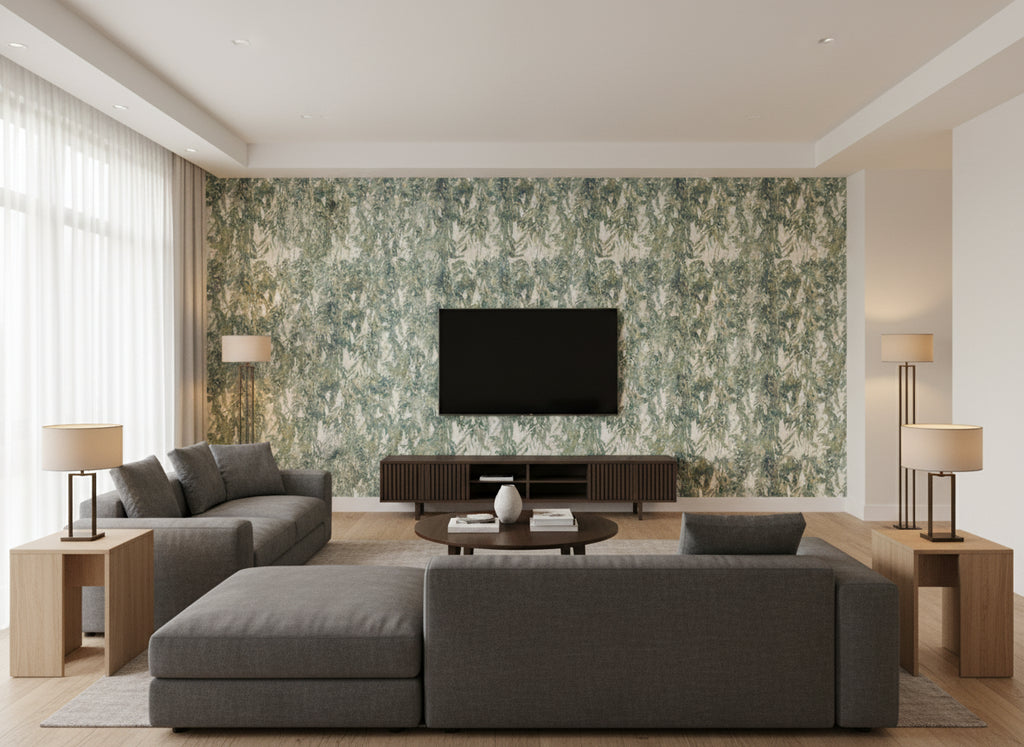 Aula Hummingbird | Romo - Living Room Visualization (AI-generated, may not be to scale. Verify pattern scale with product specifications.)