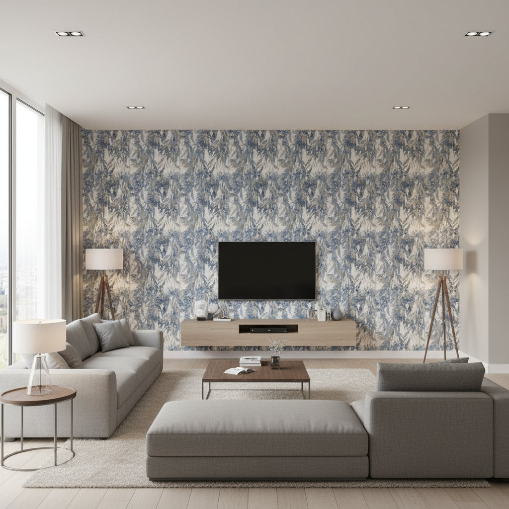 Aula Shibori | Romo - Living Room Visualization (AI-generated, may not be to scale. Verify pattern scale with product specifications.)