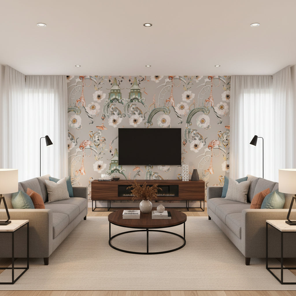 Euphoria Coral Island | Romo - Living Room Visualization (AI-generated, may not be to scale. Verify pattern scale with product specifications.)