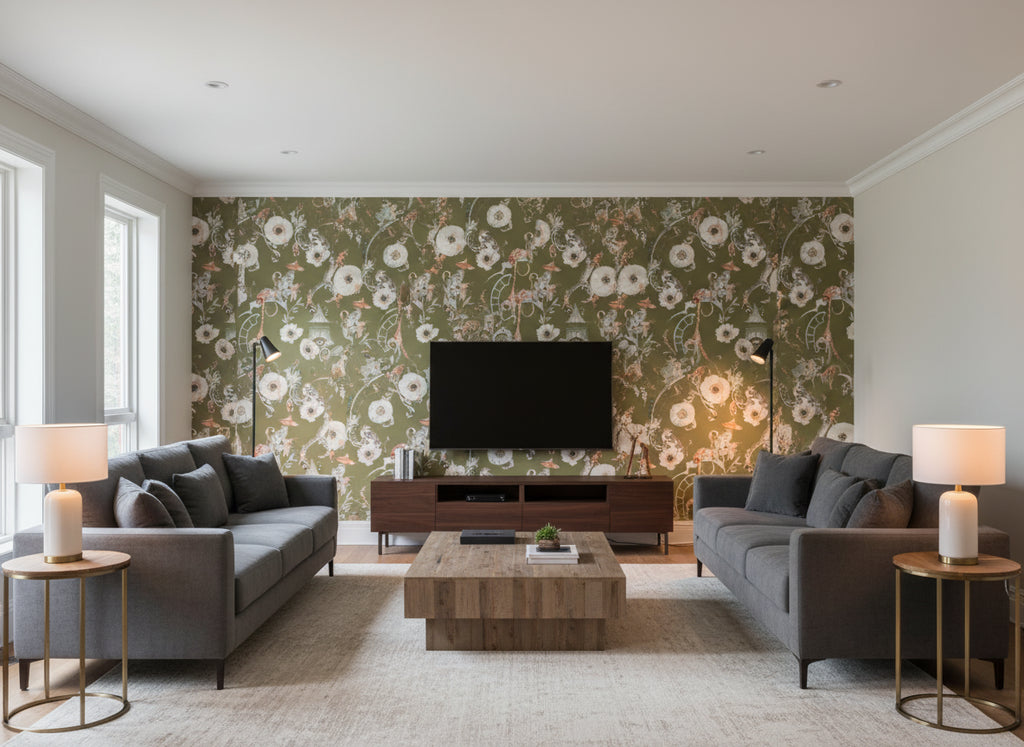 Euphoria Somerset Green | Romo - Living Room Visualization (AI-generated, may not be to scale. Verify pattern scale with product specifications.)