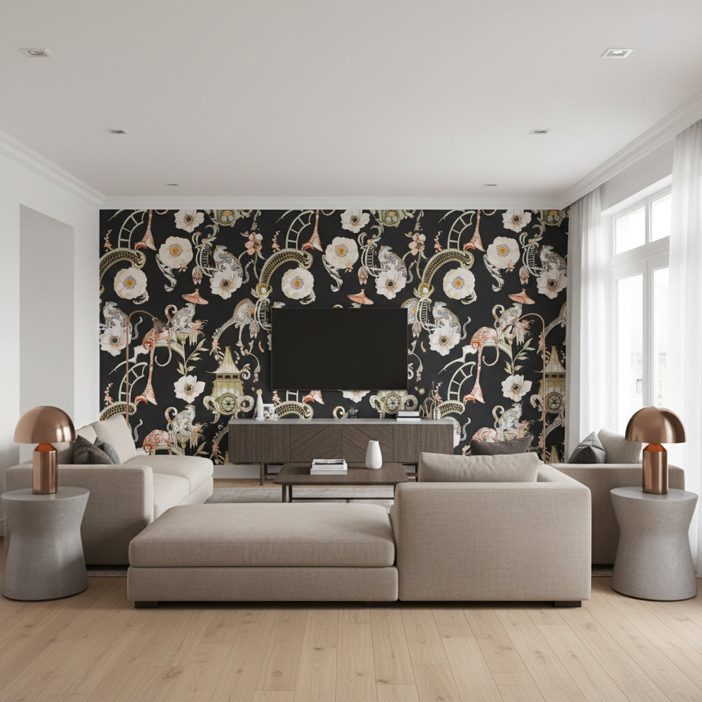 Euphoria Secret Garden | Romo - Living Room Visualization (AI-generated, may not be to scale. Verify pattern scale with product specifications.)