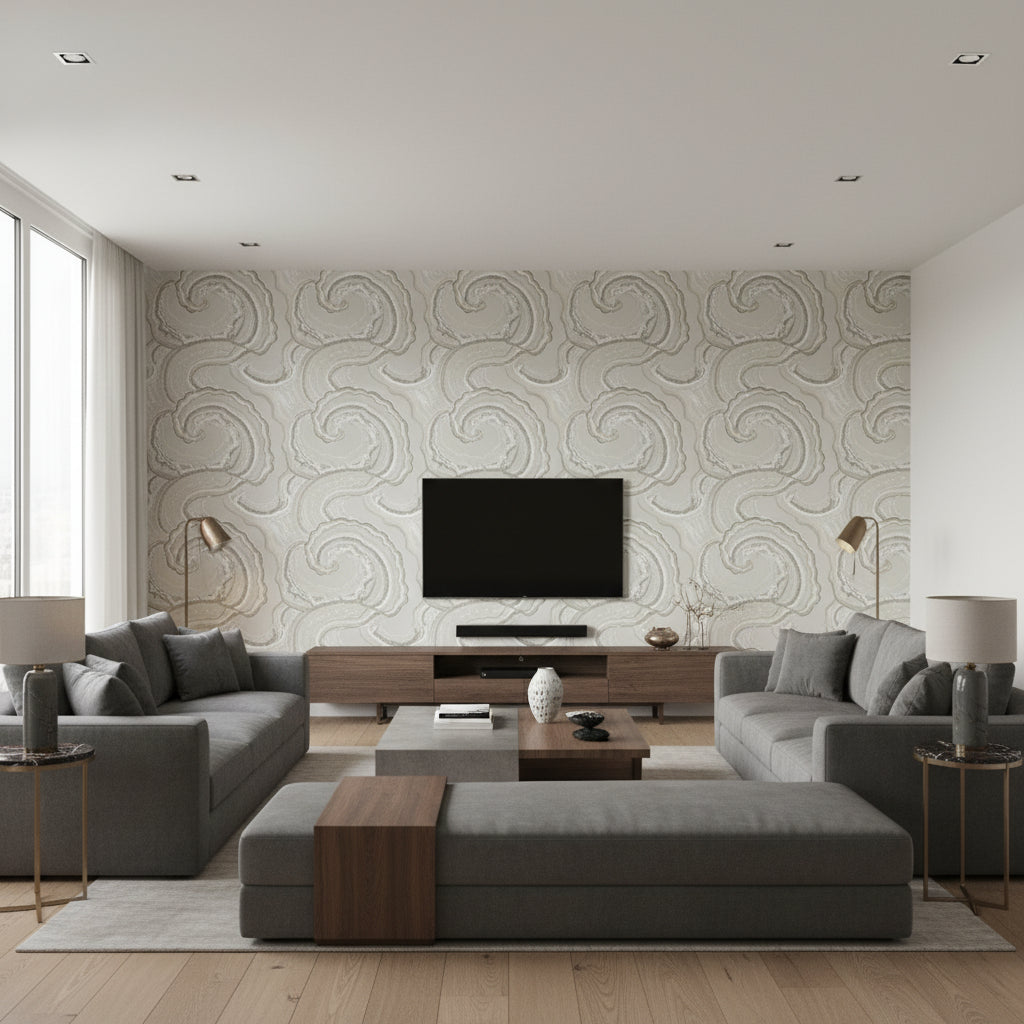 Fantasia Quartz | Romo - Living Room Visualization (AI-generated, may not be to scale. Verify pattern scale with product specifications.)