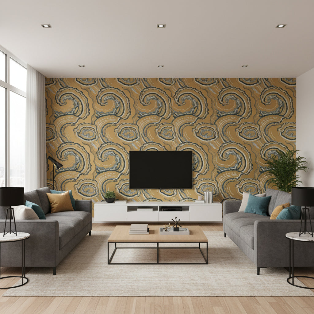 Fantasia Vintage Gold | Romo - Living Room Visualization (AI-generated, may not be to scale. Verify pattern scale with product specifications.)