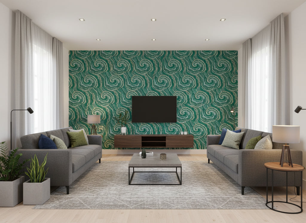 Fantasia Malachite | Romo - Living Room Visualization (AI-generated, may not be to scale. Verify pattern scale with product specifications.)
